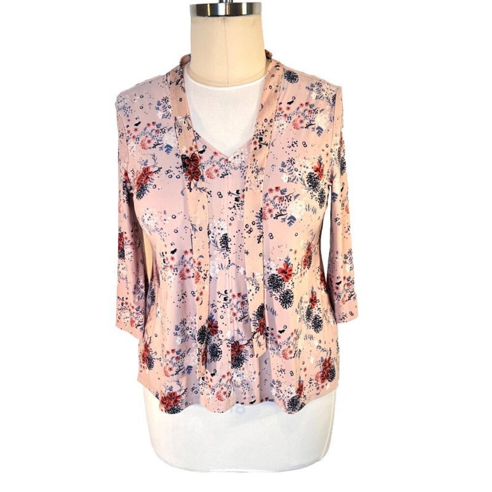 Style & Co - Women’s L Blouse Pink Peasant Top Navy Peach Floral VNeck